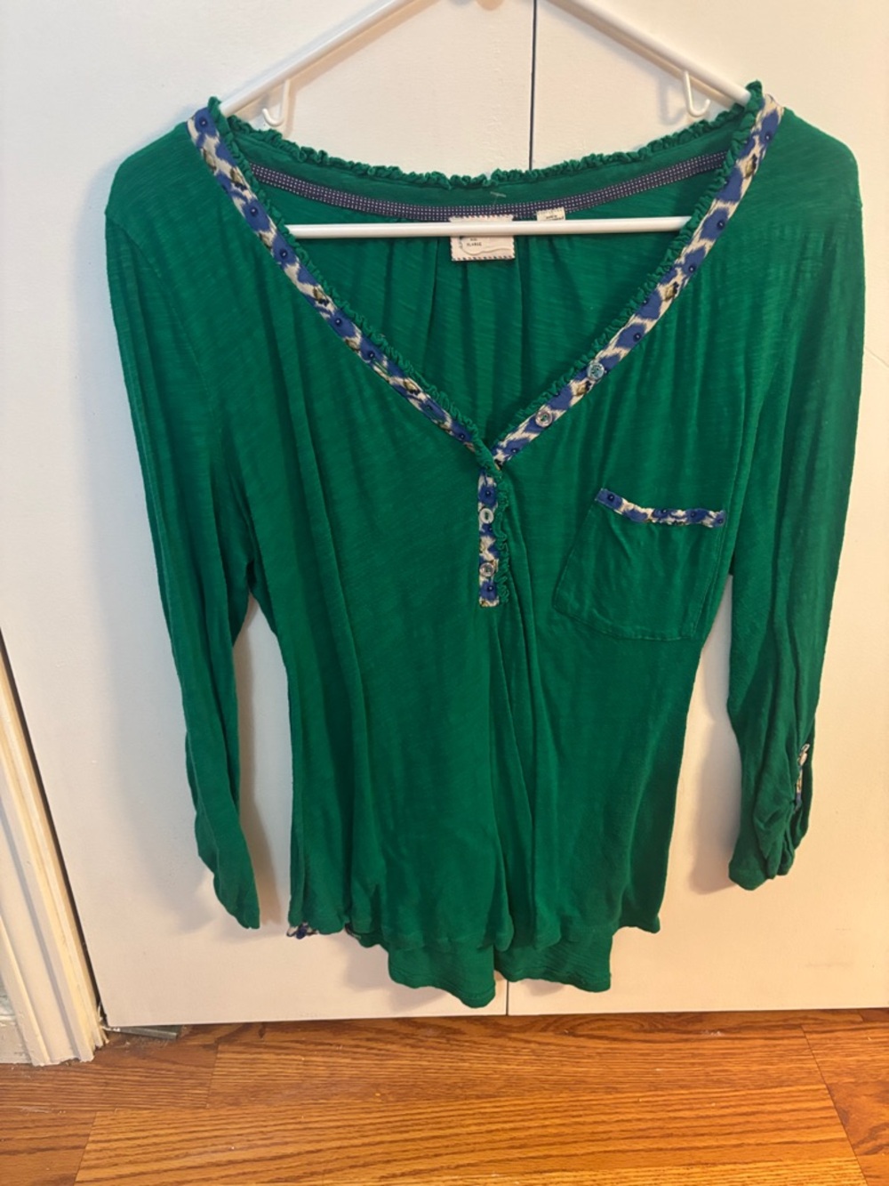 Anthropologie Green Women's V-Neck Long Sleeve Top with Floral Trim